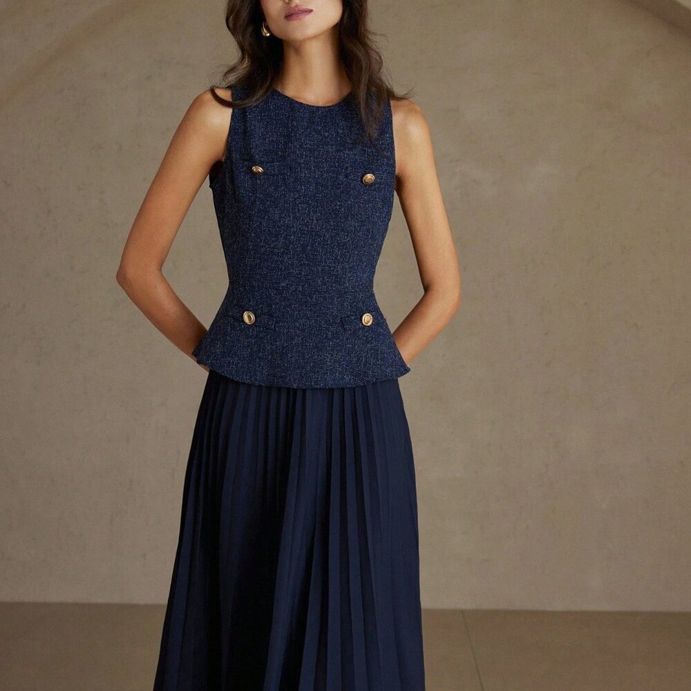Navy Blue Elegant Women's Pleated Sleeveless Dress - Picture 6 of 7